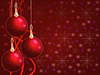 Photo 300 DPI: Christmas balls hanging with tapes on red backgroun