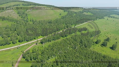 Aerial view of green fields and road | High resolution stock photo |ID 7238431