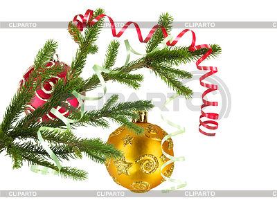 Christmas balls hanging with ribbons on fir tree | High resolution stock photo |ID 3570379