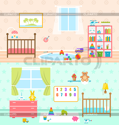 Establecer salas de juegos para niños. Bebé habitaciones interiores | Ilustración vectorial de stock |ID 5956687