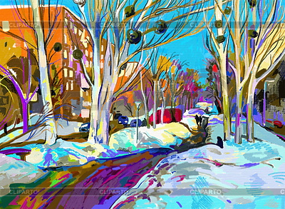 Ursprüngliche digitale Malerei des Winters Stadtbild | Illustration mit hoher Auflösung |ID 3654336