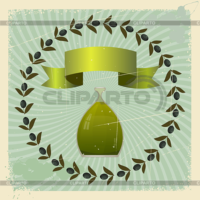 Postal de la vendimia con las aceitunas y una botella de aceite. | Ilustración vectorial de stock |ID 3441415