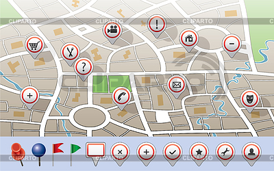 Mapa de la ciudad con los iconos del GPS | Ilustración vectorial de stock |ID 3700626