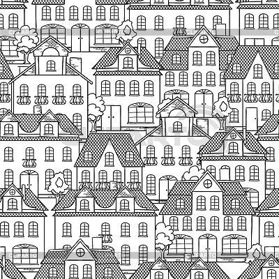 Patrón inconsútil con las casas y los árboles | Ilustración vectorial de stock |ID 3502640