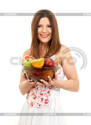 Brunette girl holding cup of fruits | High resolution stock photo |ID 3606306