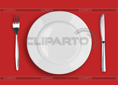 Knife, white plate and fork on red background | High resolution stock photo |ID 3658390