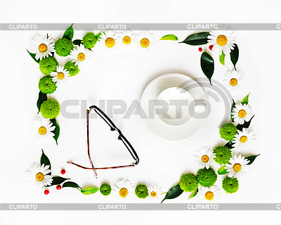 Cup for coffee or tea and glasses with wreath frame | High resolution stock photo |ID 5843759