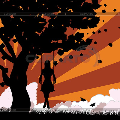 Puesta de sol niña en el columpio | Ilustración vectorial de stock |ID 4654178