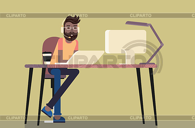 El hombre trabaja en la oficina en casa | Ilustración vectorial de stock |ID 7190185