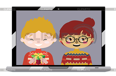 Niño y niña en la pantalla del portátil | Ilustración vectorial de stock |ID 7197062