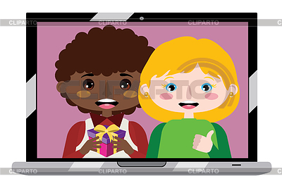 Niño y niña en la pantalla del portátil | Ilustración vectorial de stock |ID 7197064