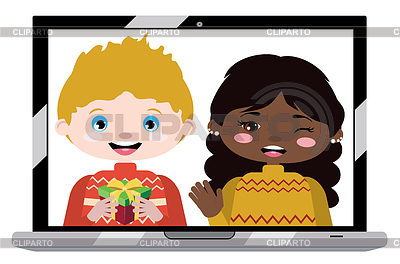 Niño y niña en la pantalla del portátil | Ilustración vectorial de stock |ID 7197066
