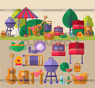 Conjunto de objetos de barbacoa al aire libre | Ilustración vectorial de stock |ID 5737209