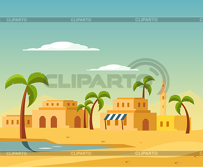 Oasis En Desierto Con Town | Ilustración vectorial de stock |ID 5753545
