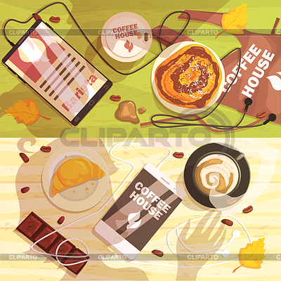 Cafetería tabla con las tazas y aperitivos Personas | Ilustración vectorial de stock |ID 5847483