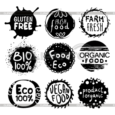 Bio Orgánica Negro Alimentos y conjunto de marca blanca | Ilustración vectorial de stock |ID 5853891