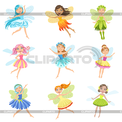 Cute Fairies In Pretty Dresses Girly Cartoon | Stock Vector Graphics |ID 5882272