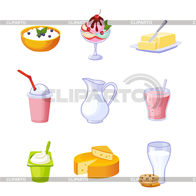 Diferentes productos lácteos Surtido Conjunto De Iconos | Ilustración vectorial de stock |ID 5898779