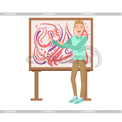 Hombre de pie junto a la pintura abstracta, creativo | Ilustración vectorial de stock |ID 5971862
