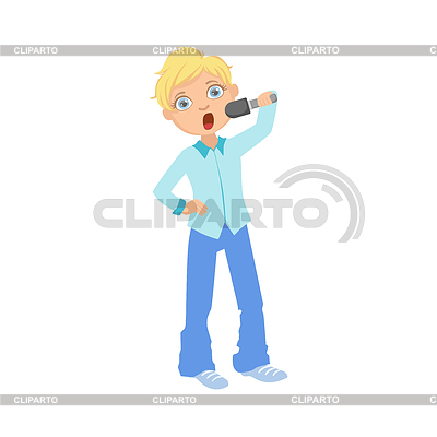 Muchacho en el azul traje de canto en el karaoke | Ilustración vectorial de stock |ID 5979471