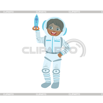 Junge gekleidet als Astronaut Holding-Spielzeug-Raumschiff | Stock Vektorgrafik |ID 6021246