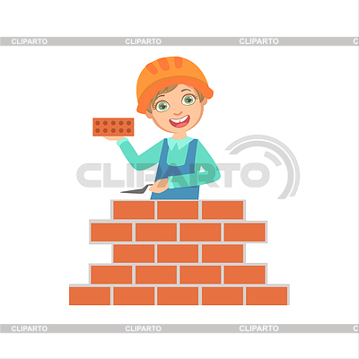 Boy edificio de ladrillo de la pared, niño vestido Como Constructor En | Ilustración vectorial de stock |ID 6023751