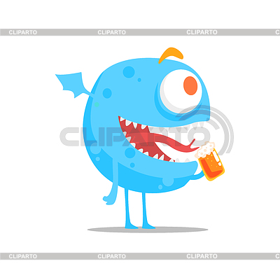 Happy Blue Round Monster With Wings Drinking Beer | Stock Vector Graphics |ID 6043662