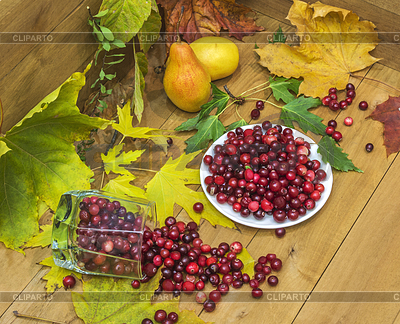 Still-life with cranberries, pears and autumn leaves | Фото большого размера |ID 5988941