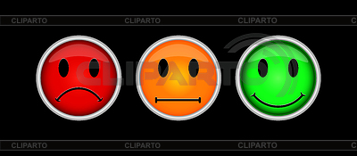 Tres botones de colores con símbolos de emociones, diversión. | Ilustración vectorial de stock |ID 6716254